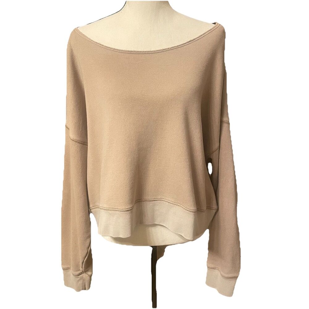 Aerie XS Off The Shoulder Cropped Sweatshirt Beige Tan Cozycore Boho Mineral